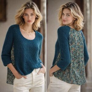 Augden New York Alpaca & Silk Mixed-Media Sweater Top XS Teal Boho Artisan